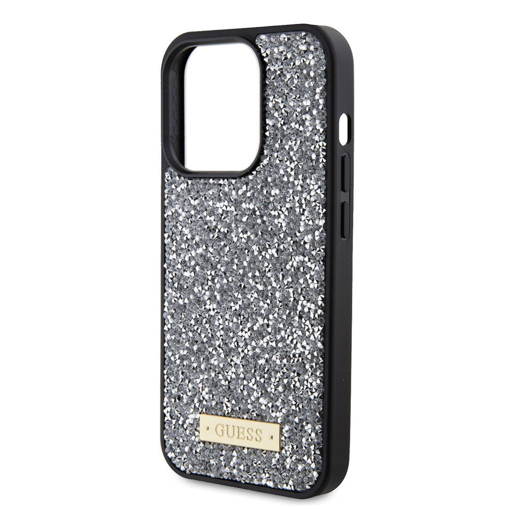 Apple iPhone 15 Pro Kılıf Guess Orjinal Lisanslı Taşlı Arka Yüzey Metal Yazı Logolu Kapak Pembe Açık