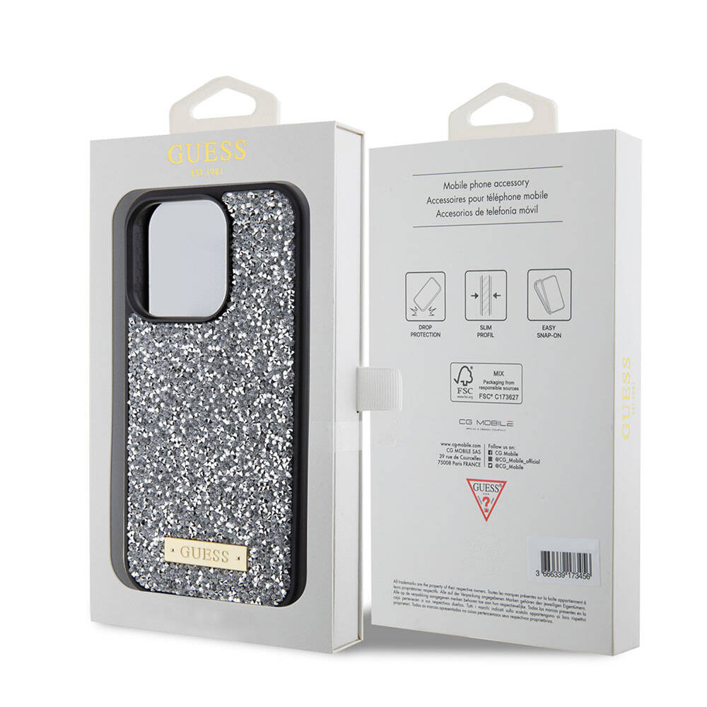 Apple iPhone 15 Pro Kılıf Guess Orjinal Lisanslı Taşlı Arka Yüzey Metal Yazı Logolu Kapak Pembe Açık