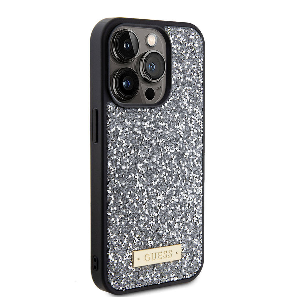 Apple iPhone 15 Pro Kılıf Guess Orjinal Lisanslı Taşlı Arka Yüzey Metal Yazı Logolu Kapak