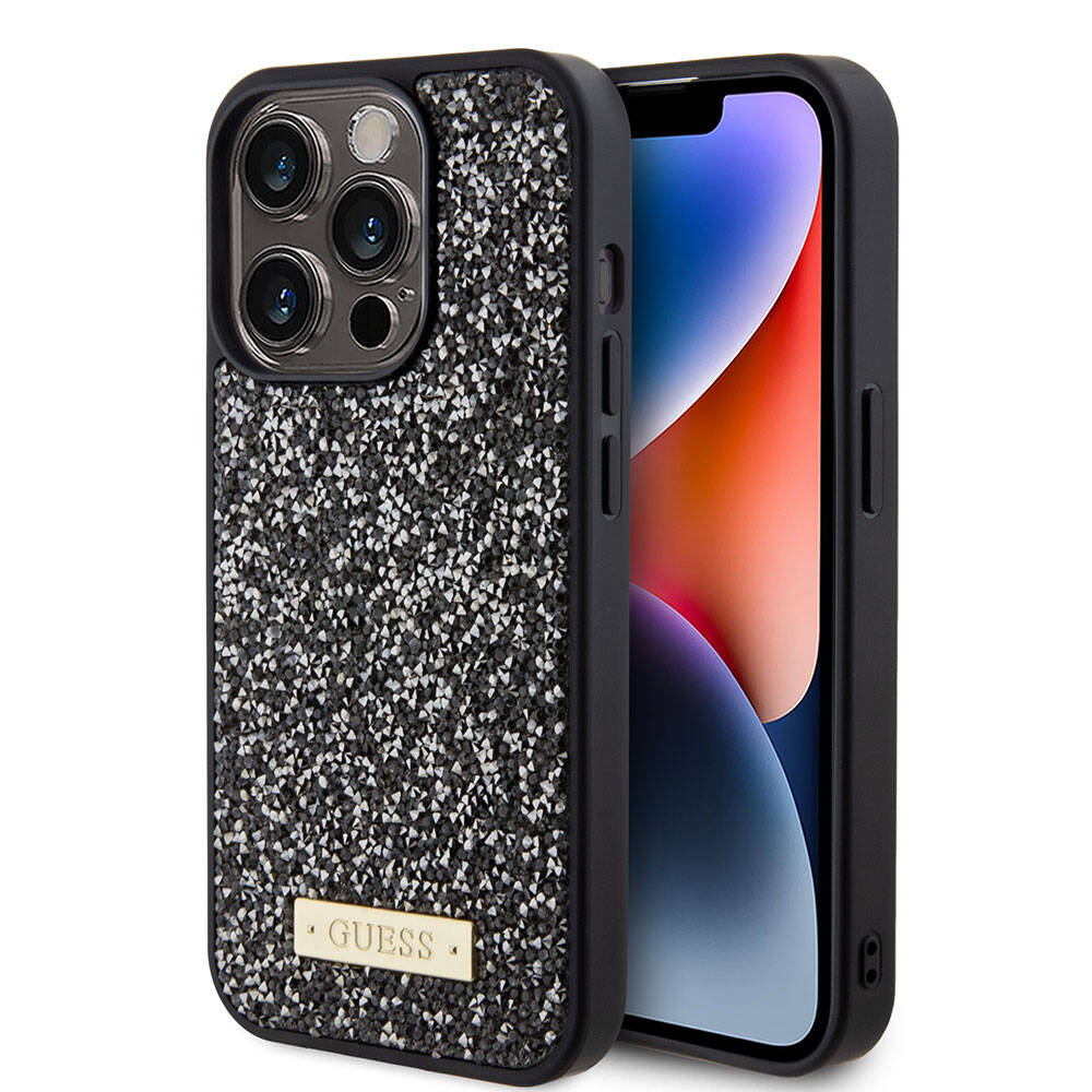 Apple iPhone 15 Pro Kılıf Guess Orjinal Lisanslı Taşlı Arka Yüzey Metal Yazı Logolu Kapak Pembe Açık
