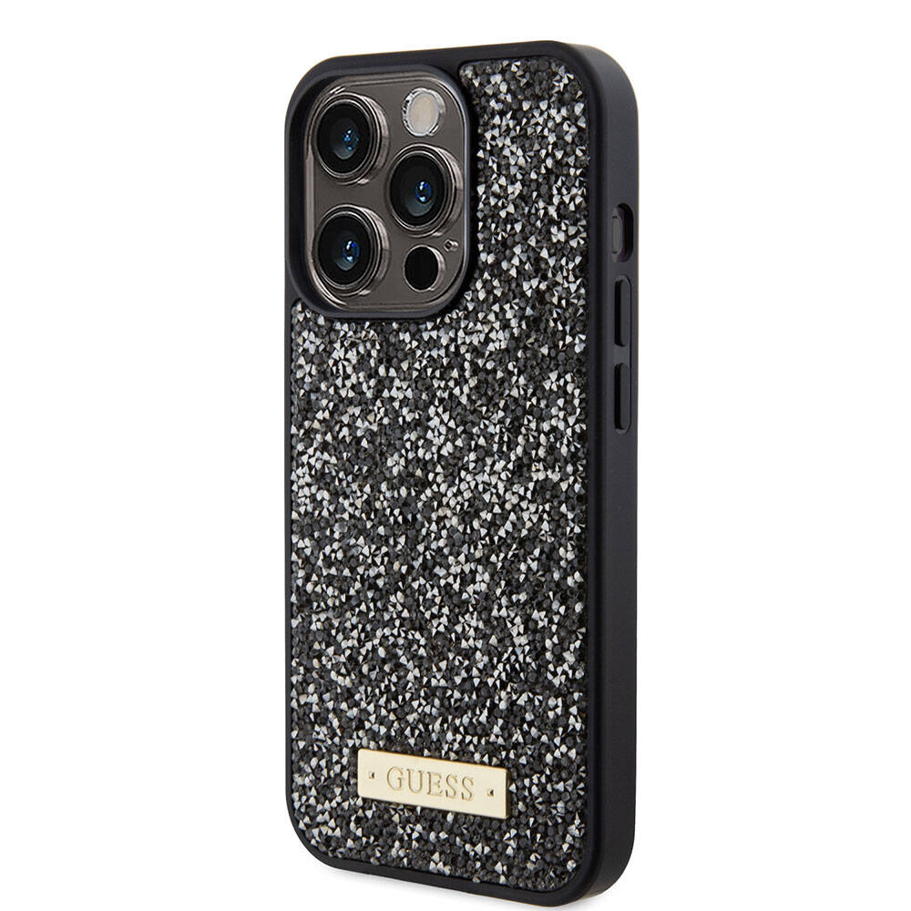 Apple iPhone 15 Pro Kılıf Guess Orjinal Lisanslı Taşlı Arka Yüzey Metal Yazı Logolu Kapak Pembe Açık