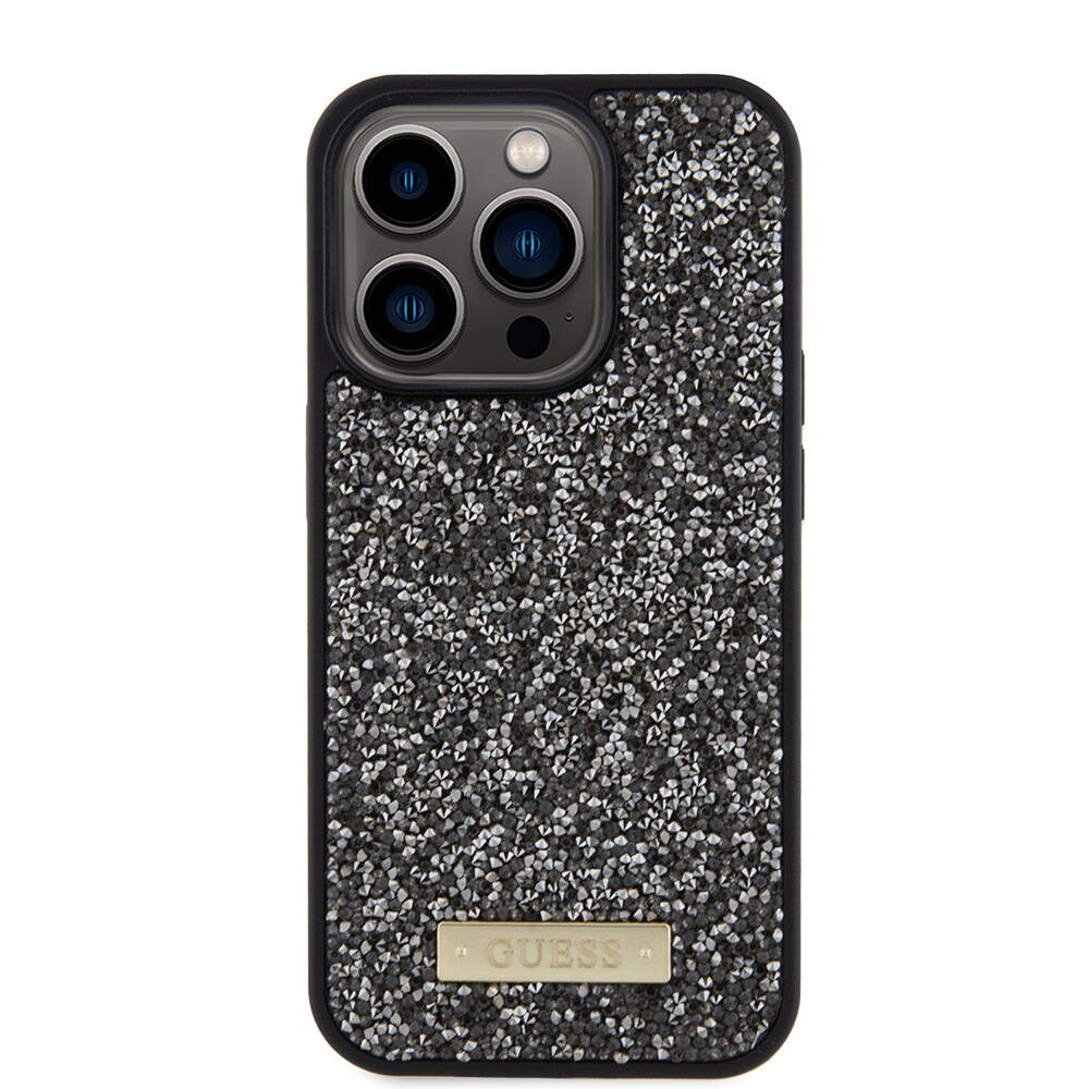 Apple iPhone 15 Pro Kılıf Guess Orjinal Lisanslı Taşlı Arka Yüzey Metal Yazı Logolu Kapak Pembe Açık