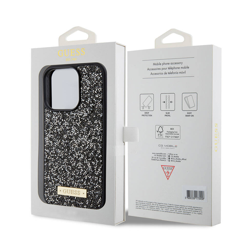 Apple iPhone 15 Pro Kılıf Guess Orjinal Lisanslı Taşlı Arka Yüzey Metal Yazı Logolu Kapak Pembe Açık