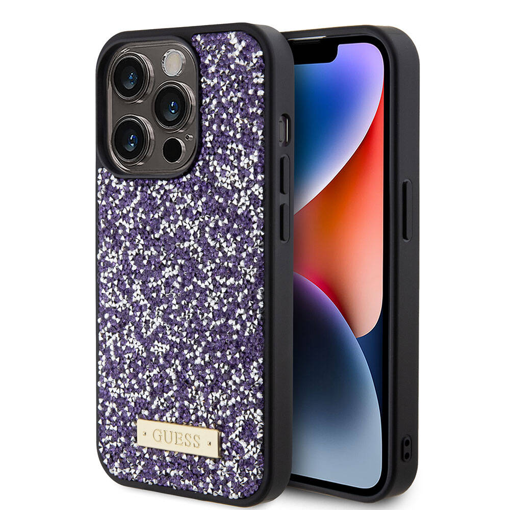 Apple iPhone 15 Pro Kılıf Guess Orjinal Lisanslı Taşlı Arka Yüzey Metal Yazı Logolu Kapak Pembe Açık