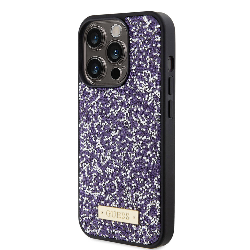 Apple iPhone 15 Pro Kılıf Guess Orjinal Lisanslı Taşlı Arka Yüzey Metal Yazı Logolu Kapak Pembe Açık