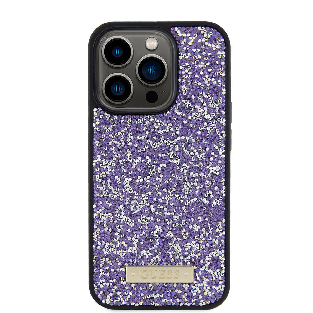 Apple iPhone 15 Pro Kılıf Guess Orjinal Lisanslı Taşlı Arka Yüzey Metal Yazı Logolu Kapak Pembe Açık