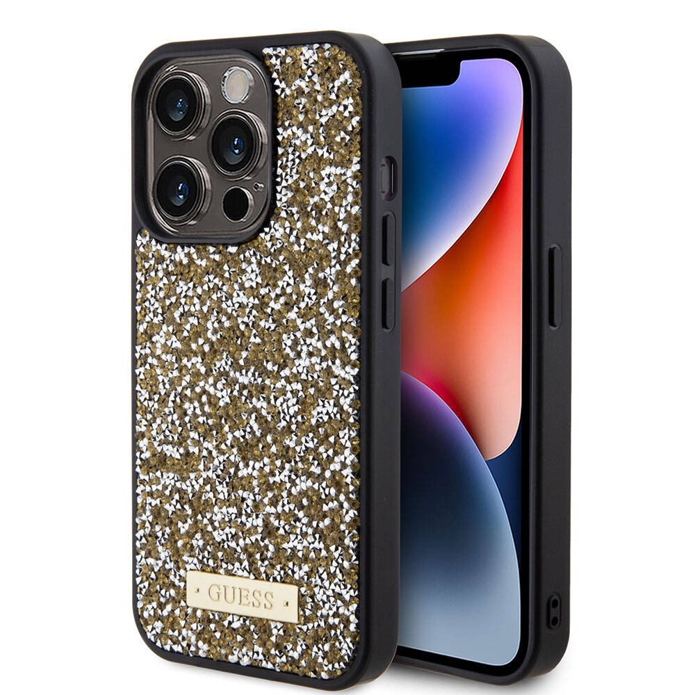 Apple iPhone 15 Pro Kılıf Guess Orjinal Lisanslı Taşlı Arka Yüzey Metal Yazı Logolu Kapak Pembe Açık