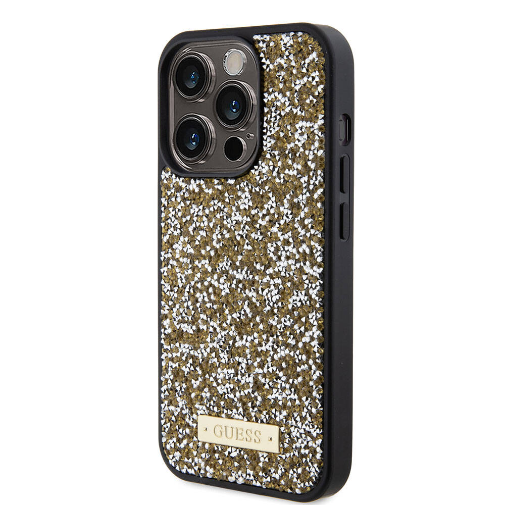 Apple iPhone 15 Pro Kılıf Guess Orjinal Lisanslı Taşlı Arka Yüzey Metal Yazı Logolu Kapak Pembe Açık