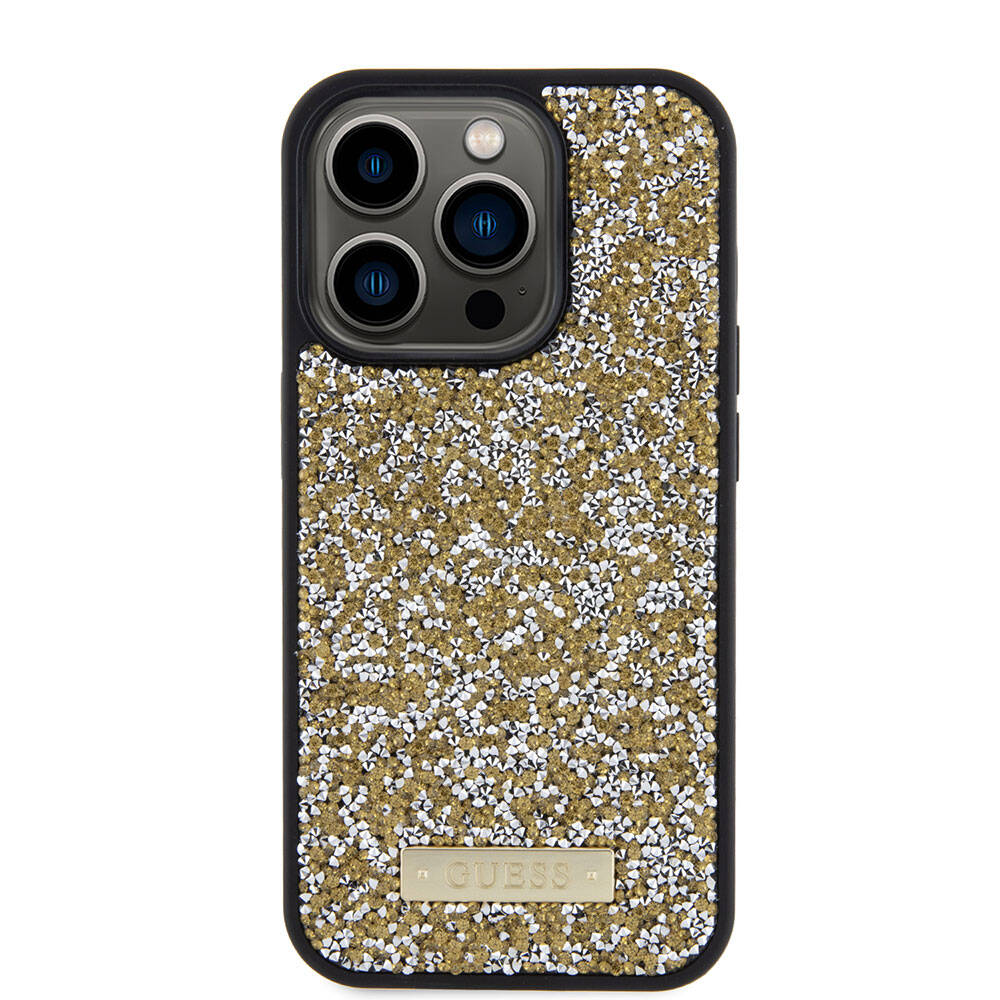Apple iPhone 15 Pro Kılıf Guess Orjinal Lisanslı Taşlı Arka Yüzey Metal Yazı Logolu Kapak Pembe Açık