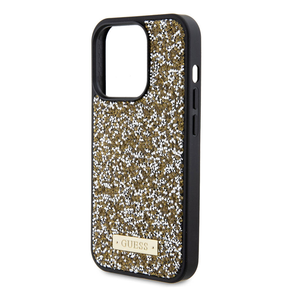 Apple iPhone 15 Pro Kılıf Guess Orjinal Lisanslı Taşlı Arka Yüzey Metal Yazı Logolu Kapak Pembe Açık