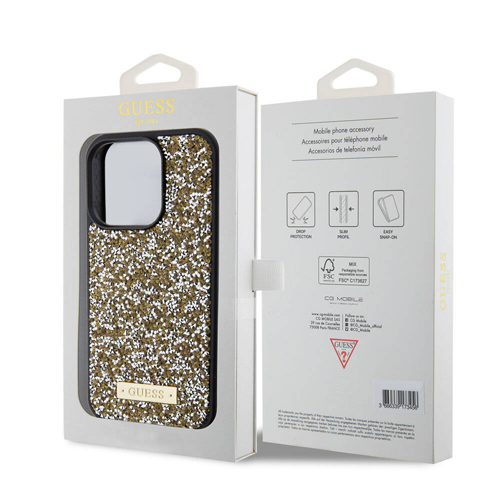 Apple iPhone 15 Pro Kılıf Guess Orjinal Lisanslı Taşlı Arka Yüzey Metal Yazı Logolu Kapak Pembe Açık