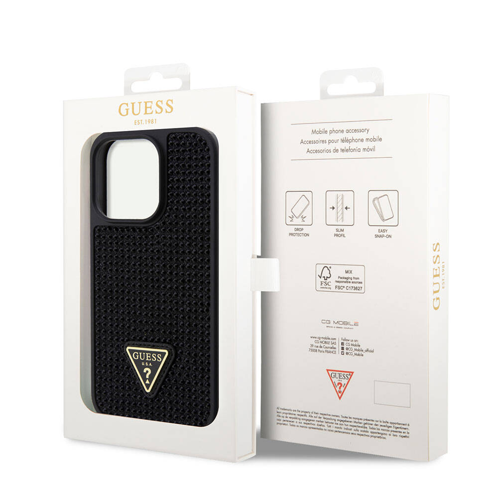 Apple iPhone 15 Pro Kılıf Guess Orjinal Lisanslı Taşlı Arka Yüzey Üçgen Logolu Kapak Gold
