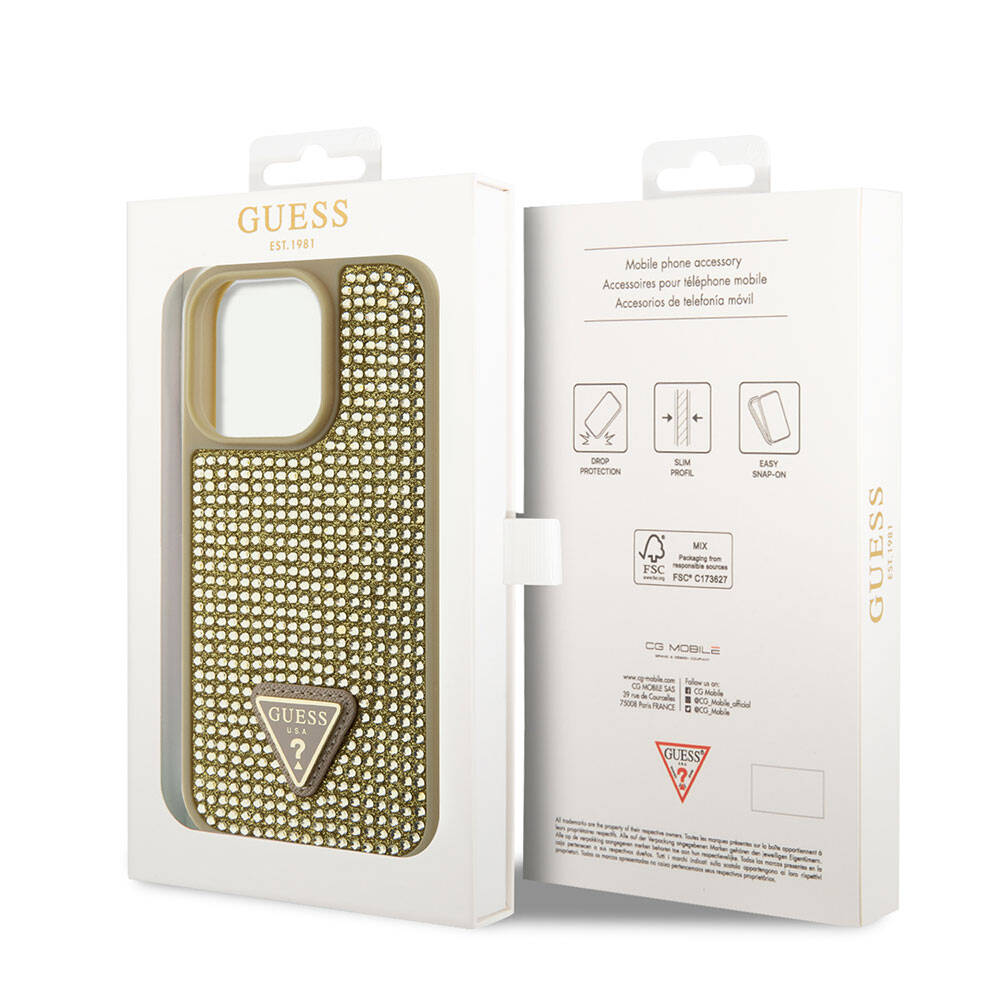 Apple iPhone 15 Pro Kılıf Guess Orjinal Lisanslı Taşlı Arka Yüzey Üçgen Logolu Kapak Gold
