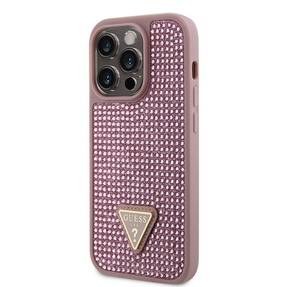 Apple iPhone 15 Pro Kılıf Guess Orjinal Lisanslı Taşlı Arka Yüzey Üçgen Logolu Kapak Pembe