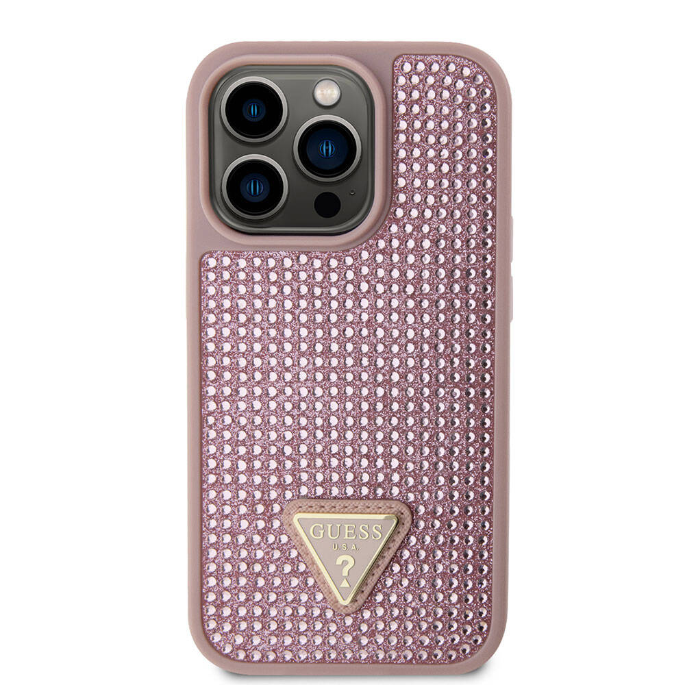 Apple iPhone 15 Pro Kılıf Guess Orjinal Lisanslı Taşlı Arka Yüzey Üçgen Logolu Kapak Gold