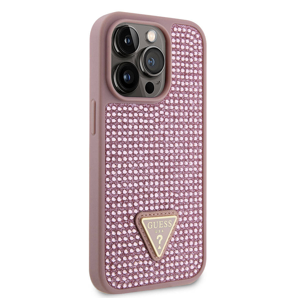 Apple iPhone 15 Pro Kılıf Guess Orjinal Lisanslı Taşlı Arka Yüzey Üçgen Logolu Kapak Pembe