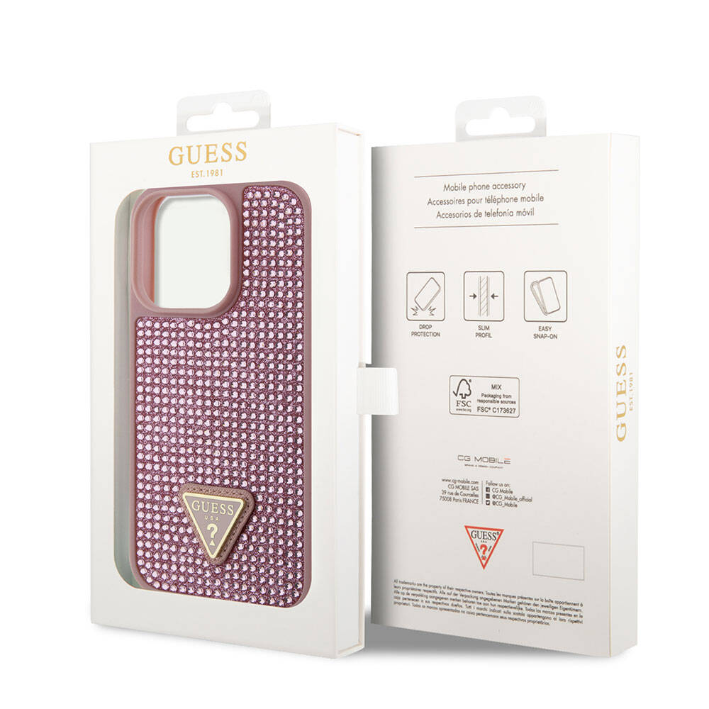 Apple iPhone 15 Pro Kılıf Guess Orjinal Lisanslı Taşlı Arka Yüzey Üçgen Logolu Kapak Gold