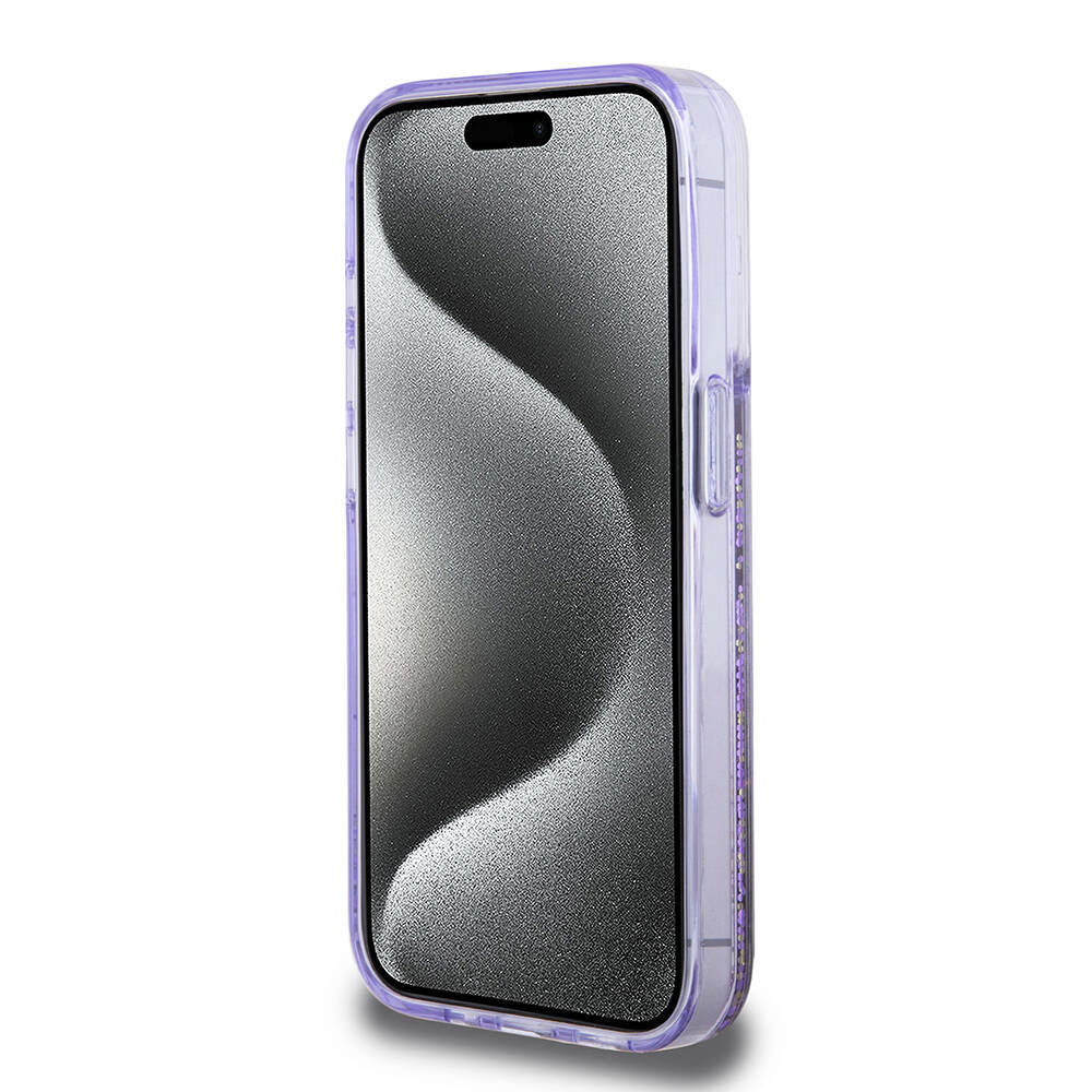 Apple iPhone 15 Pro Kılıf Guess Orjinal Lisanslı Transparan Sıvılı Simli Altın Çizgili Kapak Pembe