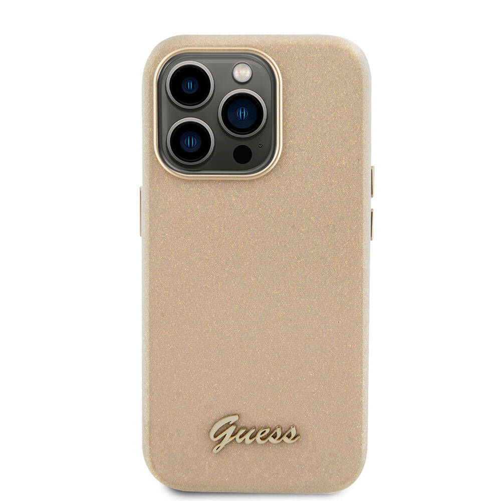 Apple iPhone 15 Pro Kılıf Guess Orjinal Lisanslı Yazı Logolu Glitter Glossy Script Kapak Lila