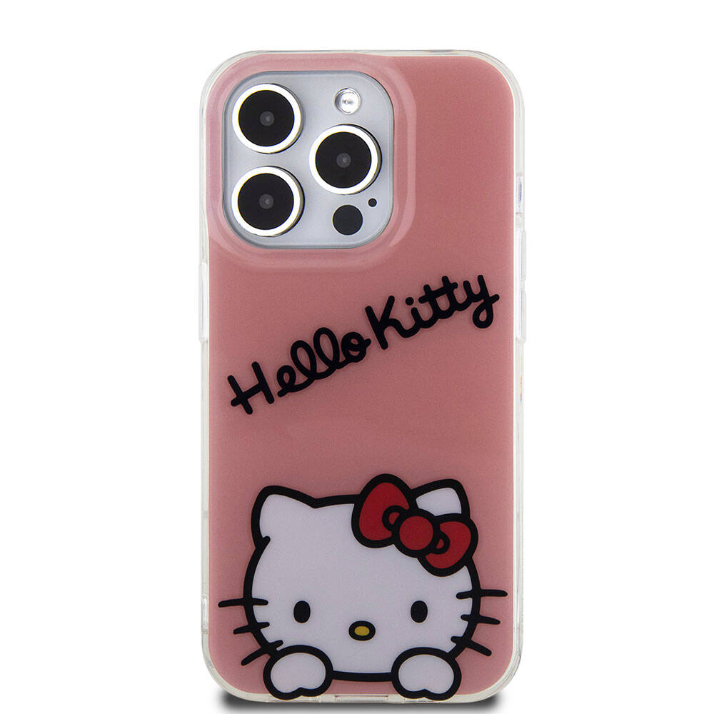 Apple iPhone 15 Pro Kılıf Hello Kitty Orjinal Lisanslı Askılı Yazı ve İkonik Logolu Daydreaming Kapak Pembe