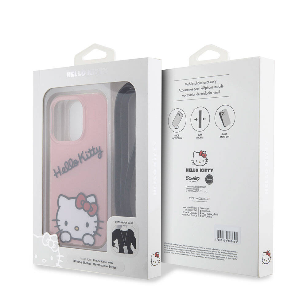 Apple iPhone 15 Pro Kılıf Hello Kitty Orjinal Lisanslı Askılı Yazı ve İkonik Logolu Daydreaming Kapak Pembe
