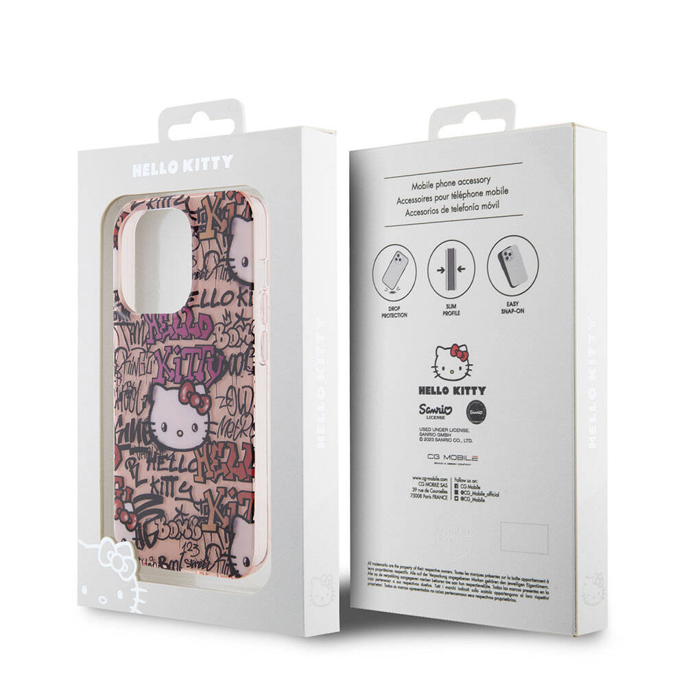 Apple iPhone 15 Pro Kılıf Hello Kitty Orjinal Lisanslı İkonik Logolu Etiket Graffiti Kapak Pembe