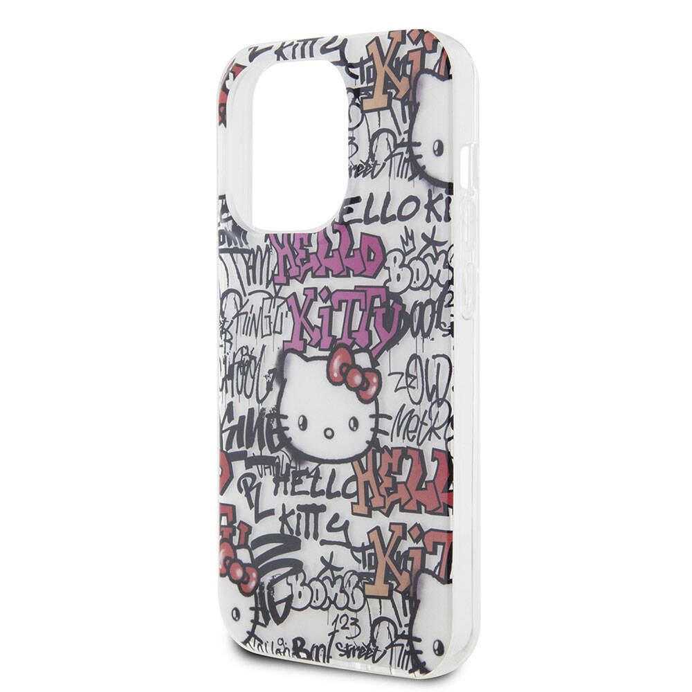 Apple iPhone 15 Pro Kılıf Hello Kitty Orjinal Lisanslı İkonik Logolu Etiket Graffiti Kapak Beyaz