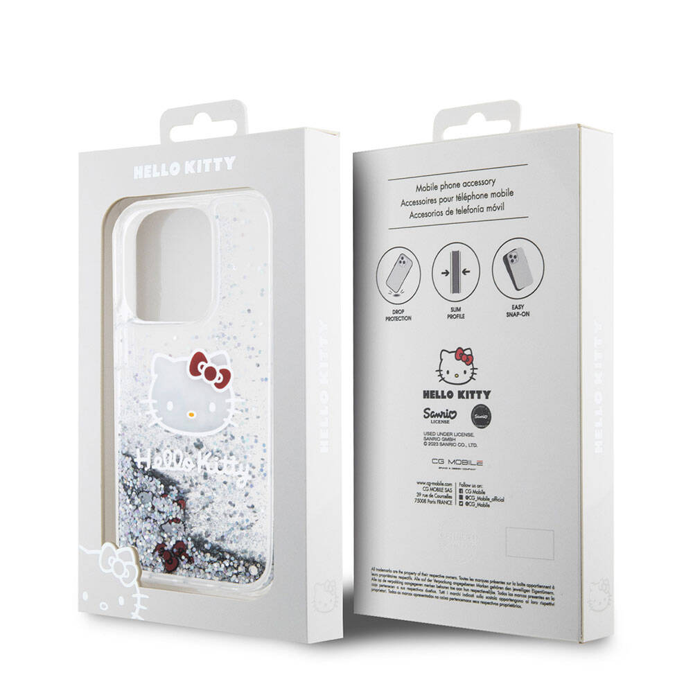 Apple iPhone 15 Pro Kılıf Hello Kitty Orjinal Lisanslı İkonik Sıvılı Glitter Kapak Renksiz