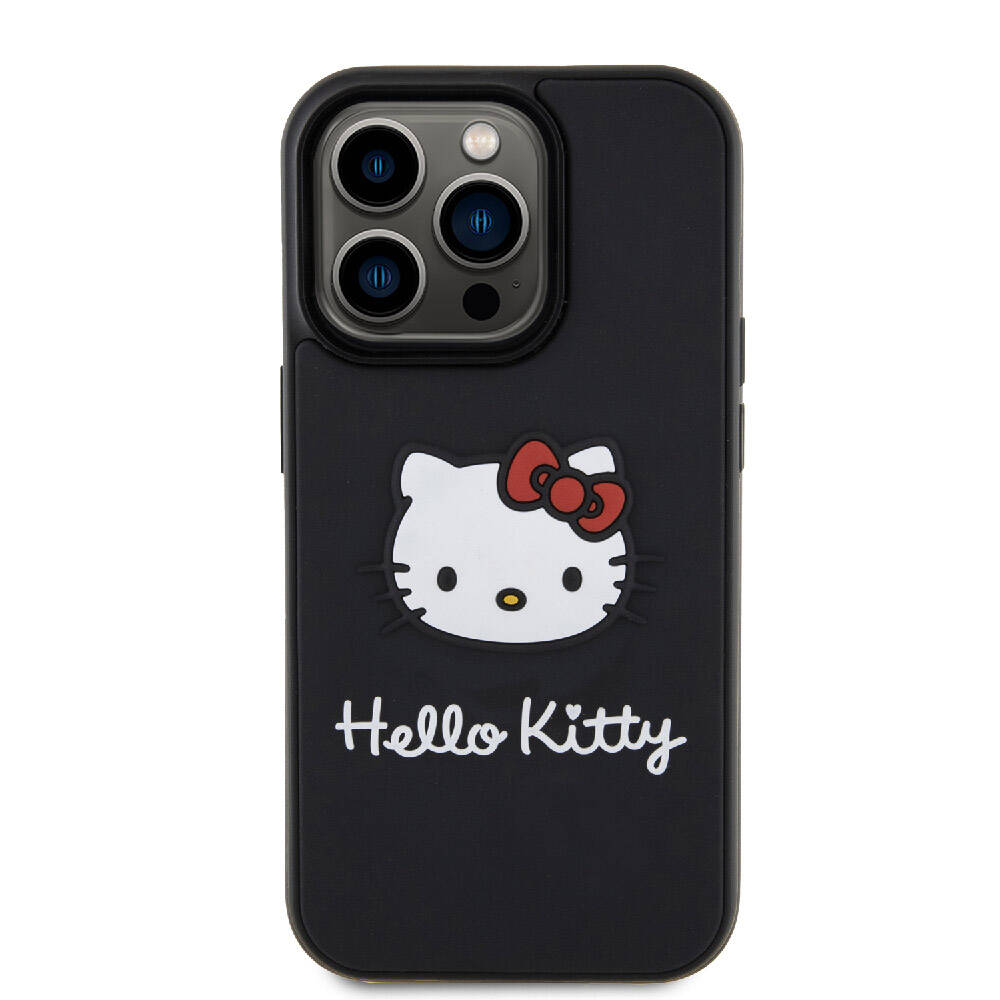 Apple iPhone 15 Pro Kılıf Hello Kitty Orjinal Lisanslı Yazı ve İkonik Logolu 3D Rubber Kitty Head Kapak Siyah
