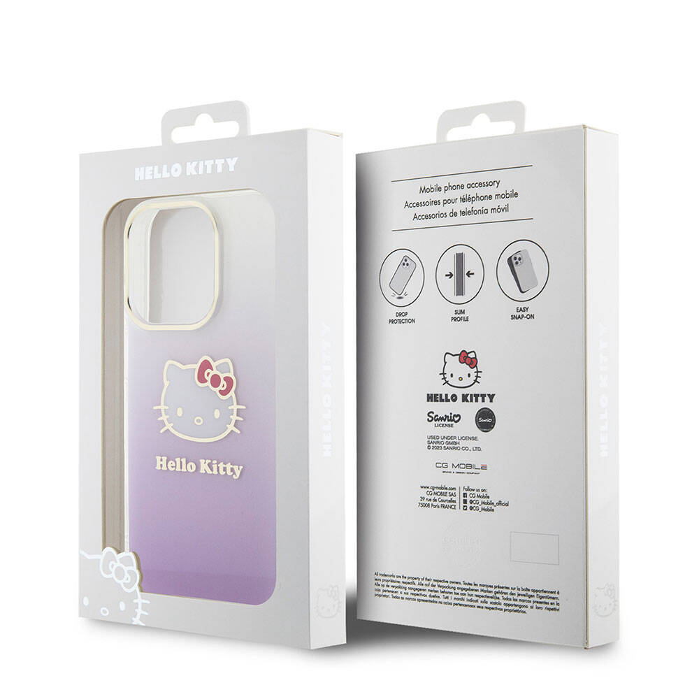 Apple iPhone 15 Pro Kılıf Hello Kitty Orjinal Lisanslı Yazı ve İkonik Logolu Elektroplating Kaplama Gradyan Kapak Pembe