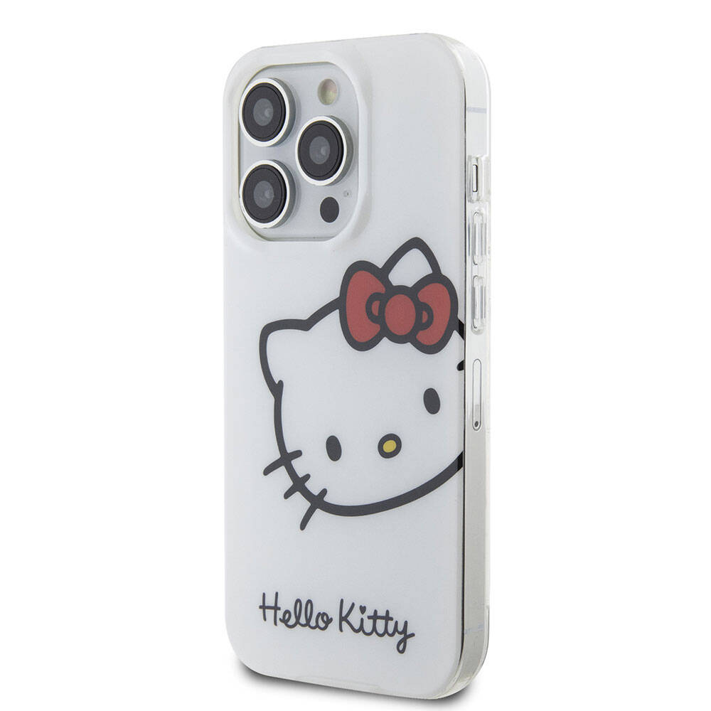 Apple iPhone 15 Pro Kılıf Hello Kitty Orjinal Lisanslı Yazı ve İkonik Logolu Kitty Head Kapak Beyaz