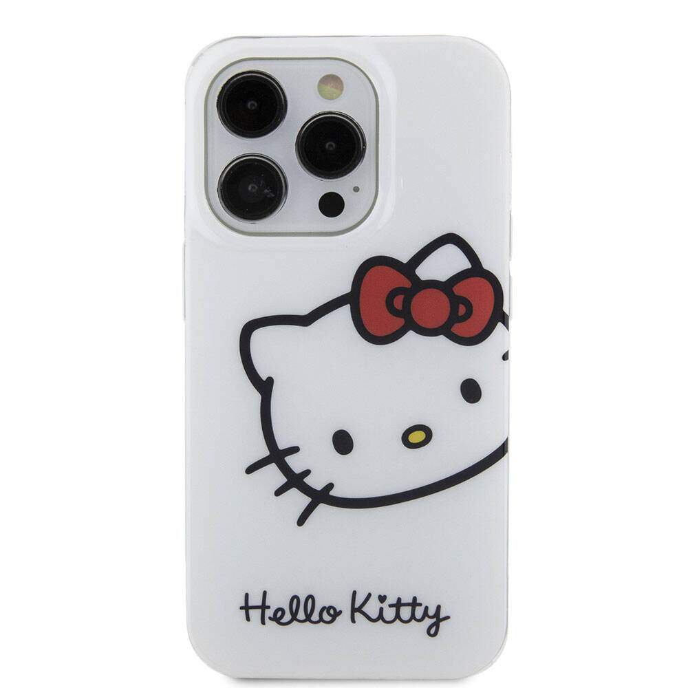 Apple iPhone 15 Pro Kılıf Hello Kitty Orjinal Lisanslı Yazı ve İkonik Logolu Kitty Head Kapak Beyaz