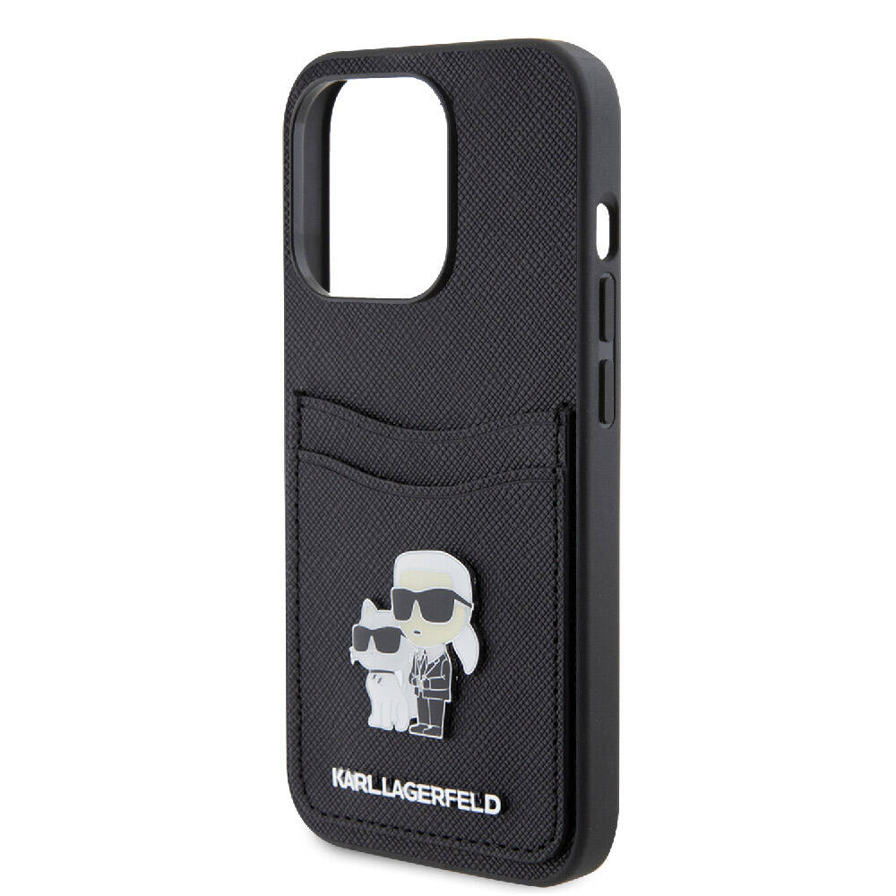 Apple iPhone 15 Pro Kılıf Karl Lagerfeld Orjinal Lisanslı Metal Logo Kartlıklı Saffiano Kapak Siyah