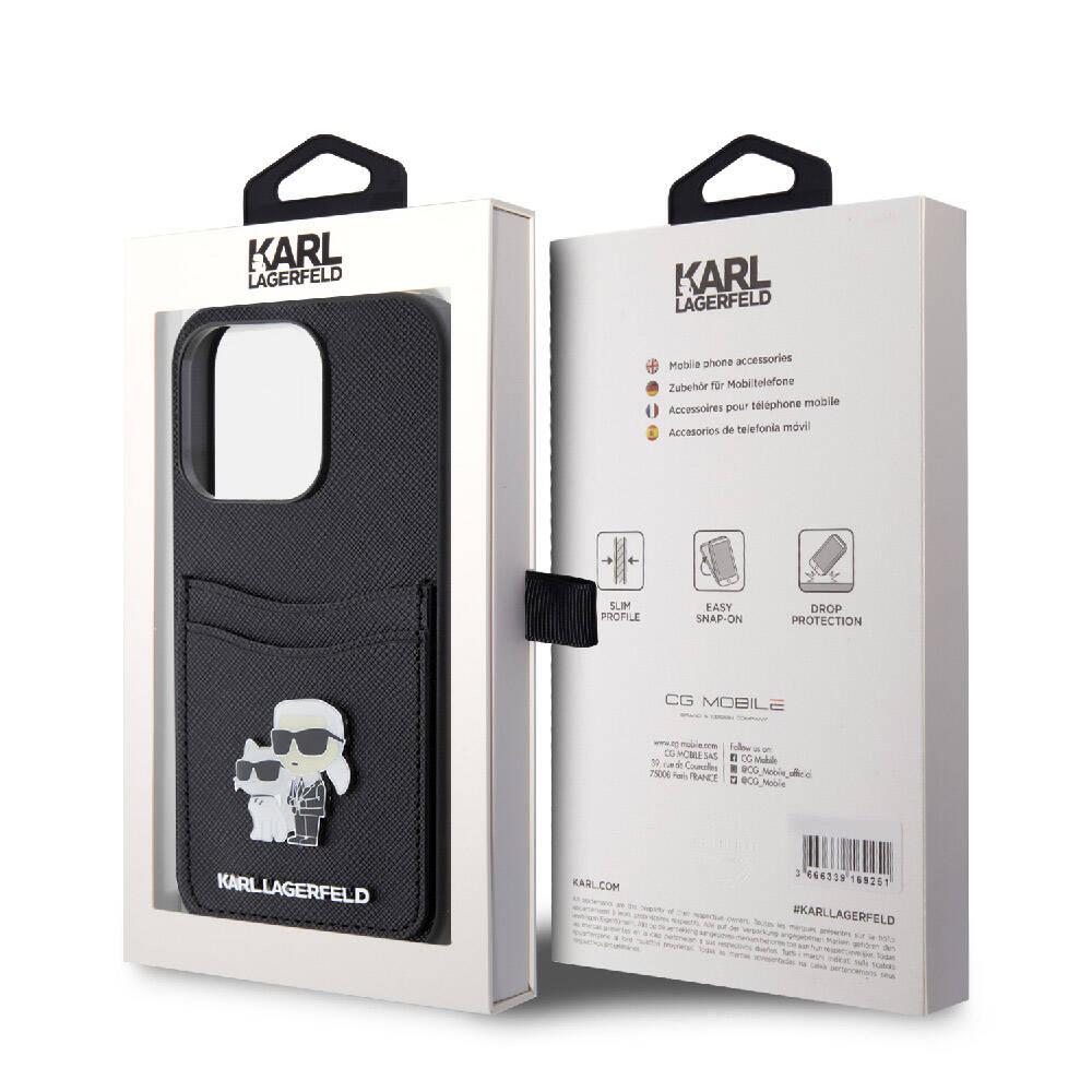 Apple iPhone 15 Pro Kılıf Karl Lagerfeld Orjinal Lisanslı Metal Logo Kartlıklı Saffiano Kapak Siyah
