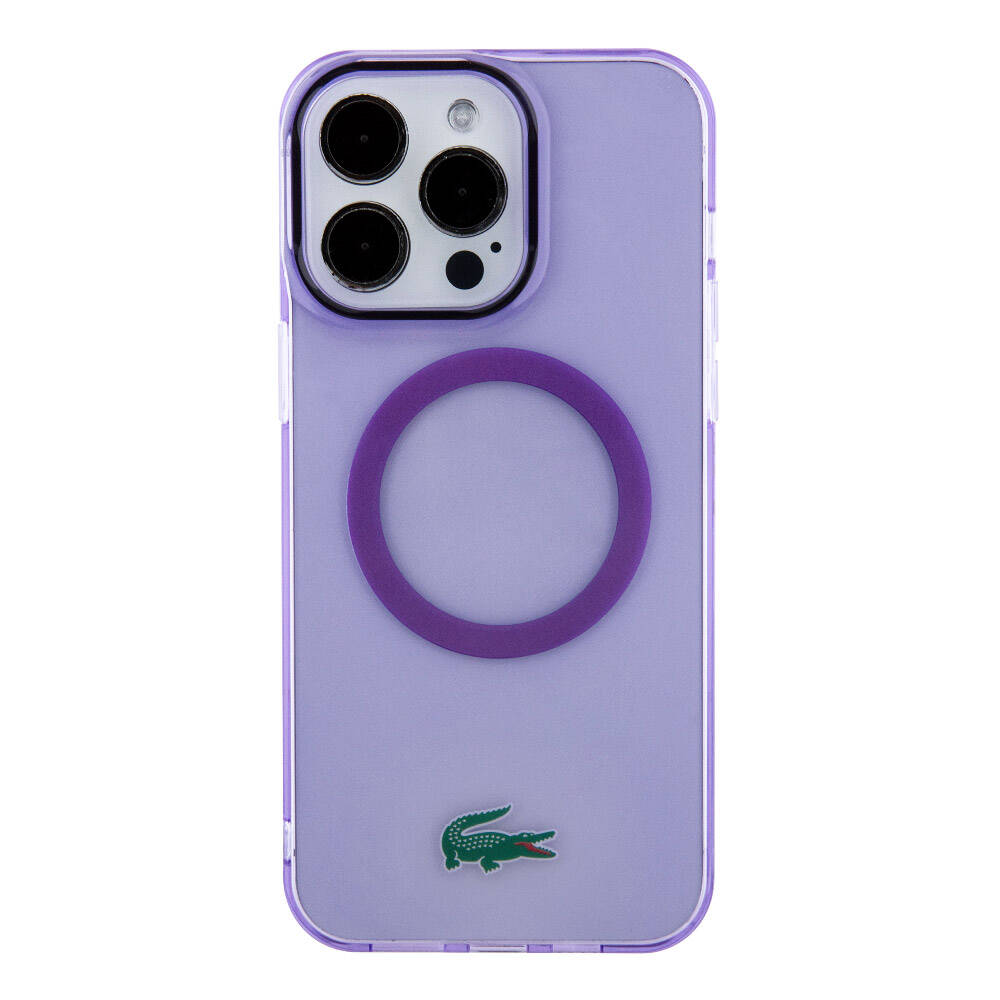Apple iPhone 15 Pro Kılıf Lacoste Orjinal Lisanslı M-safe Şarj Özellikli İkonik Timsah Logolu Hard Parme Kapak Mor