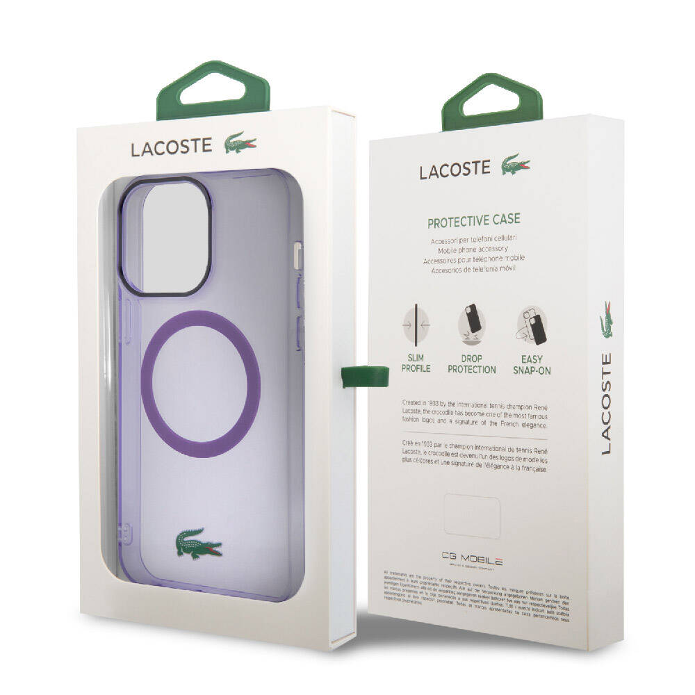 Apple iPhone 15 Pro Kılıf Lacoste Orjinal Lisanslı M-safe Şarj Özellikli İkonik Timsah Logolu Hard Parme Kapak Mor