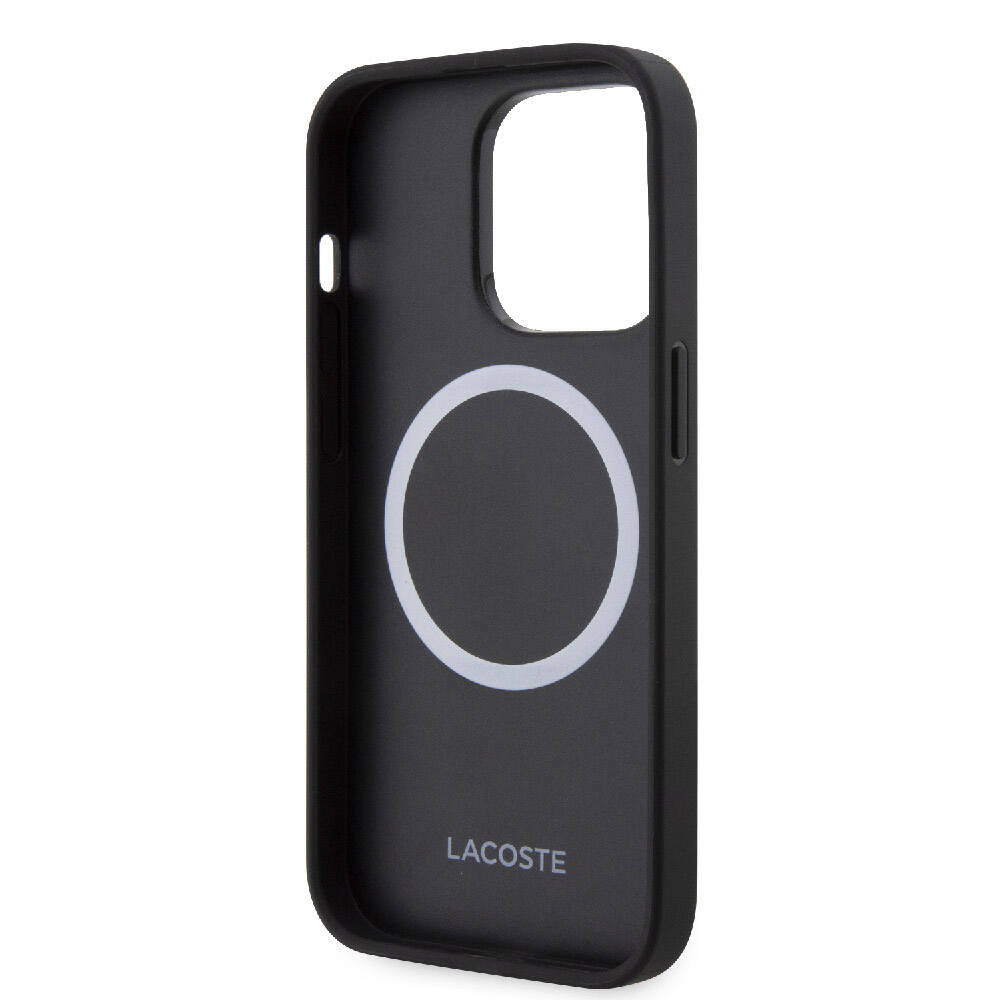 Apple iPhone 15 Pro Kılıf Lacoste Orjinal Lisanslı M-safe Şarj Özellikli PU Deri Görünümlü Karışık Monogram Desenli Kapak Lacivert