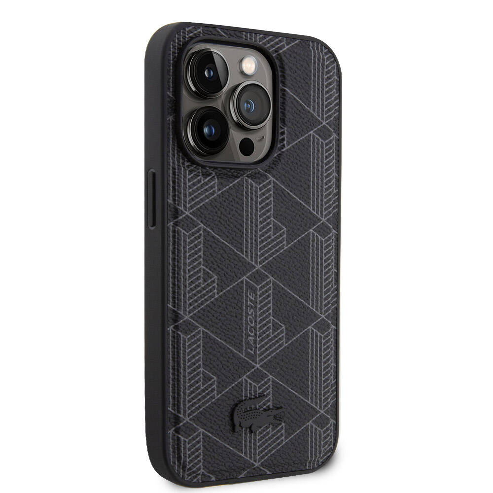 Apple iPhone 15 Pro Kılıf Lacoste Orjinal Lisanslı M-safe Şarj Özellikli PU Deri Görünümlü Karışık Monogram Desenli Kapak Lacivert