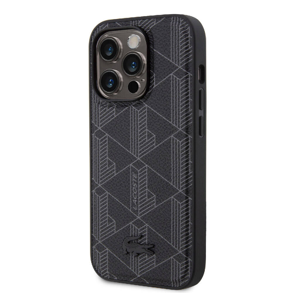 Apple iPhone 15 Pro Kılıf Lacoste Orjinal Lisanslı M-safe Şarj Özellikli PU Deri Görünümlü Karışık Monogram Desenli Kapak Lacivert