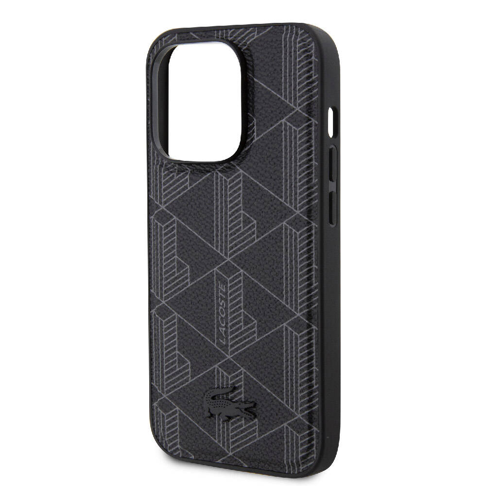 Apple iPhone 15 Pro Kılıf Lacoste Orjinal Lisanslı M-safe Şarj Özellikli PU Deri Görünümlü Karışık Monogram Desenli Kapak Siyah