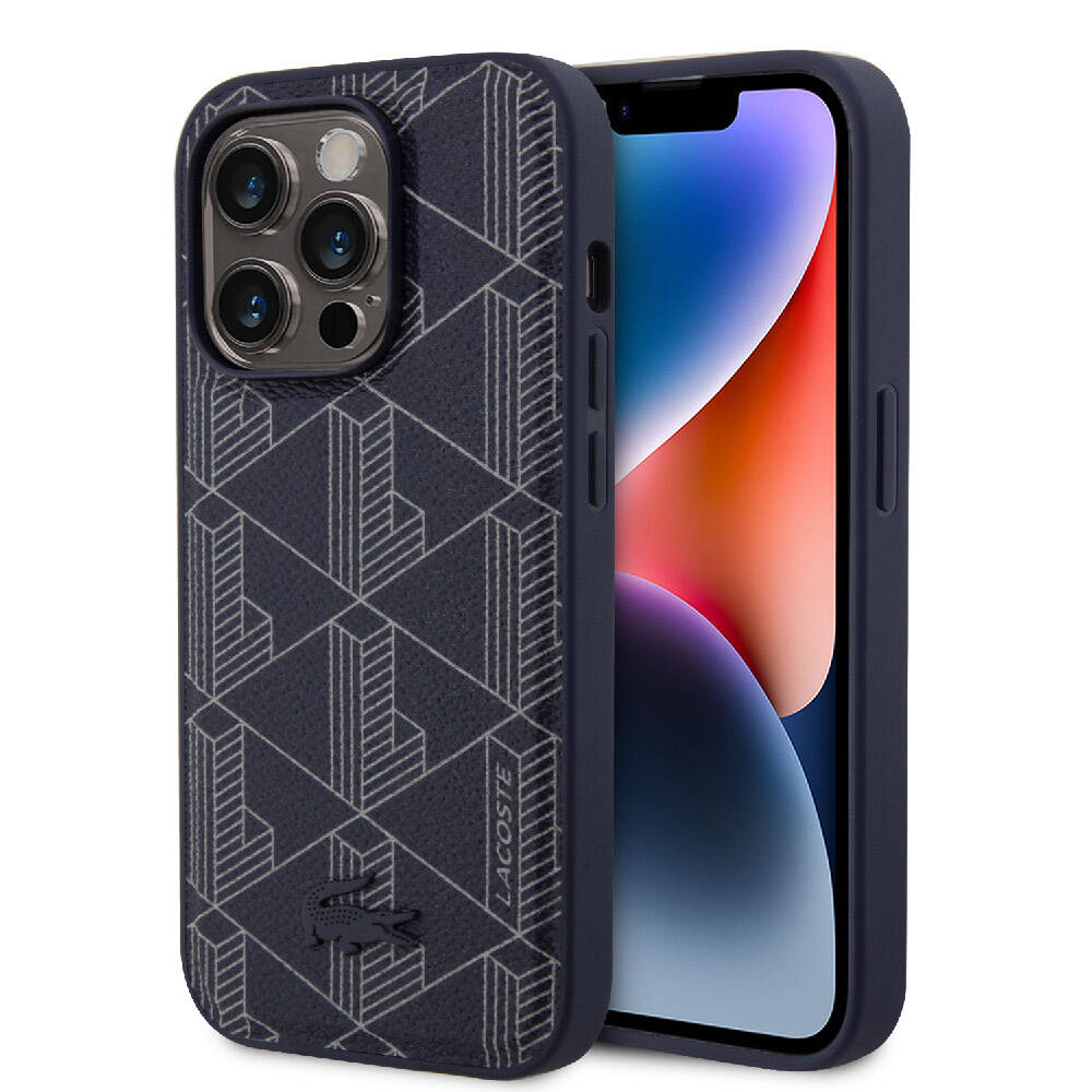 Apple iPhone 15 Pro Kılıf Lacoste Orjinal Lisanslı M-safe Şarj Özellikli PU Deri Görünümlü Karışık Monogram Desenli Kapak Lacivert