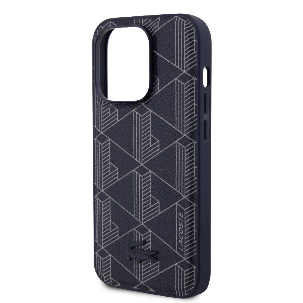 Apple iPhone 15 Pro Kılıf Lacoste Orjinal Lisanslı M-safe Şarj Özellikli PU Deri Görünümlü Karışık Monogram Desenli Kapak Siyah