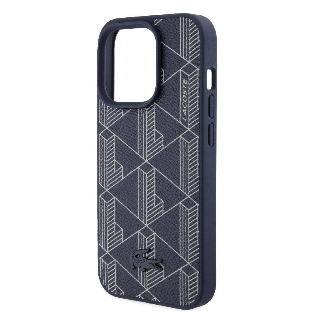 Apple iPhone 15 Pro Kılıf Lacoste Orjinal Lisanslı M-safe Şarj Özellikli PU Deri Görünümlü Karışık Monogram Desenli Kapak Siyah