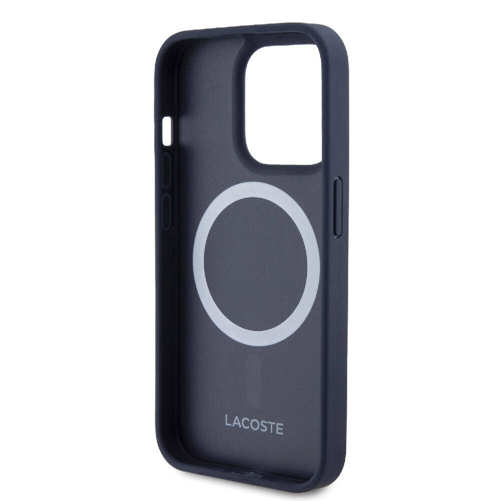 Apple iPhone 15 Pro Kılıf Lacoste Orjinal Lisanslı M-safe Şarj Özellikli PU Deri Görünümlü Karışık Monogram Desenli Kapak Lacivert
