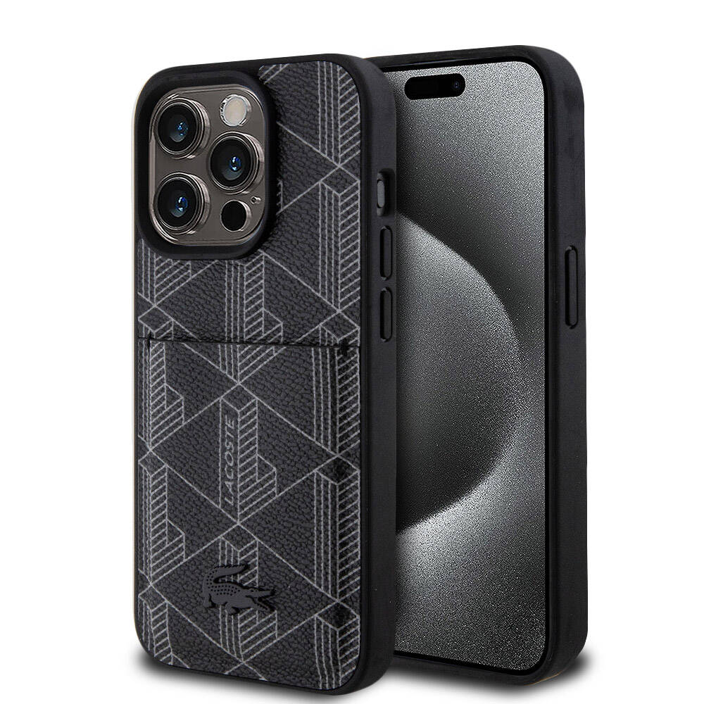 Apple iPhone 15 Pro Kılıf Lacoste Orjinal Lisanslı M-safe Şarj Özellikli PU Deri Görünümlü Kartlıklı Karışık Monogram Desenli Kapak Siyah