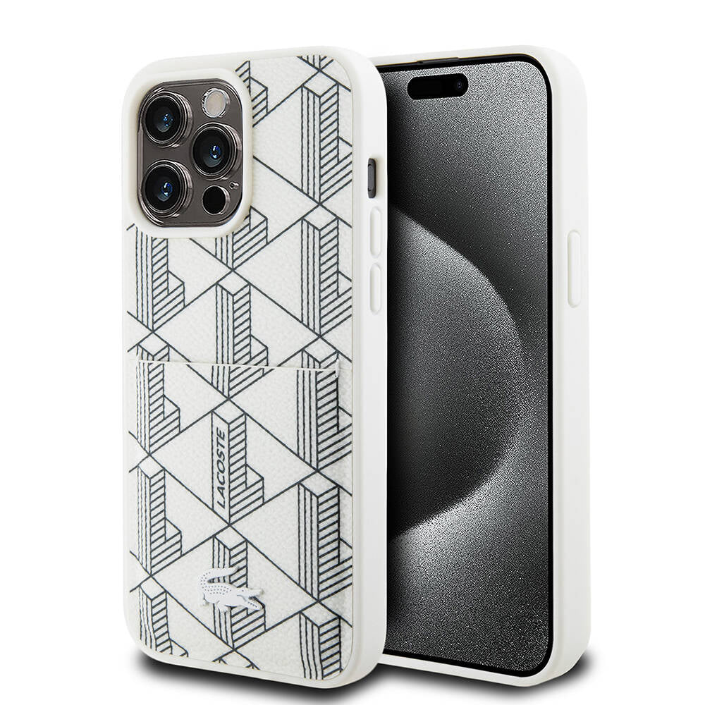 Apple iPhone 15 Pro Kılıf Lacoste Orjinal Lisanslı M-safe Şarj Özellikli PU Deri Görünümlü Kartlıklı Karışık Monogram Desenli Kapak Beyaz