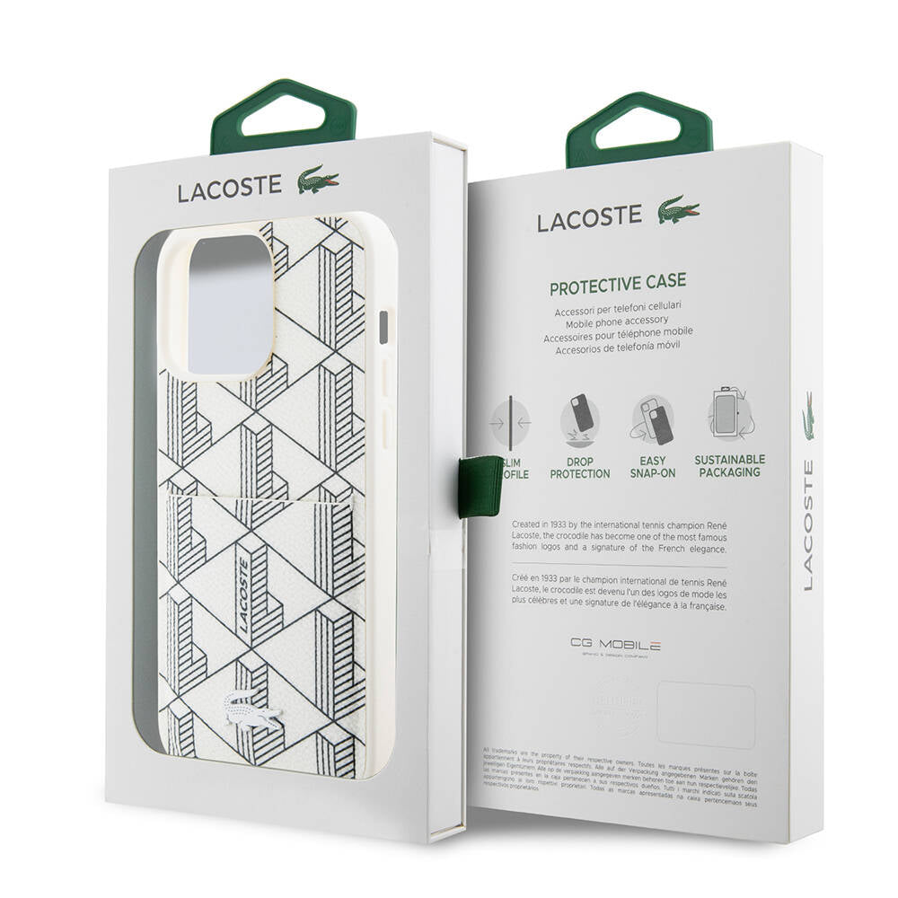 Apple iPhone 15 Pro Kılıf Lacoste Orjinal Lisanslı M-safe Şarj Özellikli PU Deri Görünümlü Kartlıklı Karışık Monogram Desenli Kapak Beyaz