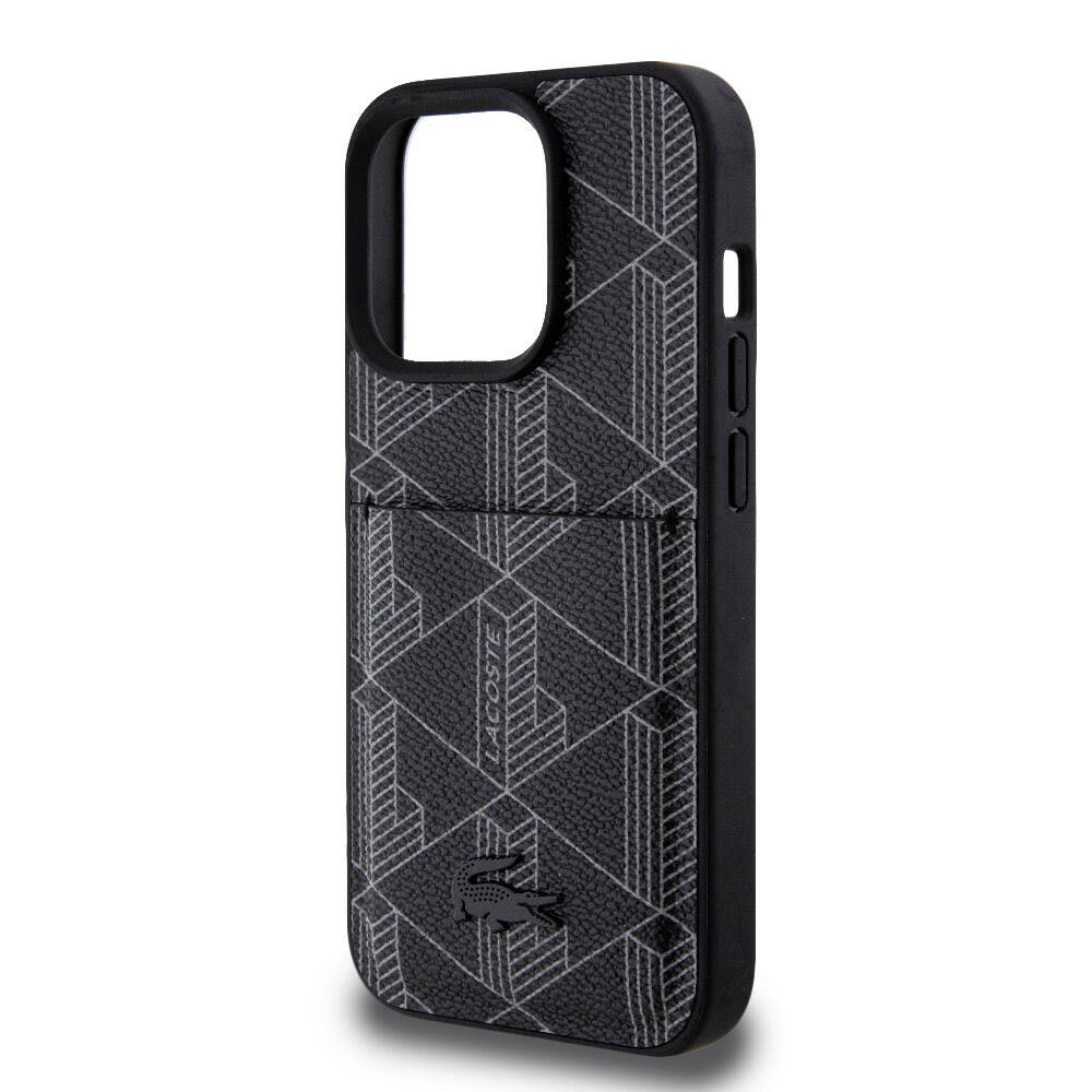 Apple iPhone 15 Pro Kılıf Lacoste Orjinal Lisanslı M-safe Şarj Özellikli PU Deri Görünümlü Kartlıklı Karışık Monogram Desenli Kapak Siyah