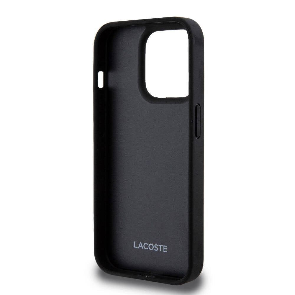Apple iPhone 15 Pro Kılıf Lacoste Orjinal Lisanslı M-safe Şarj Özellikli PU Deri Görünümlü Kartlıklı Karışık Monogram Desenli Kapak Siyah