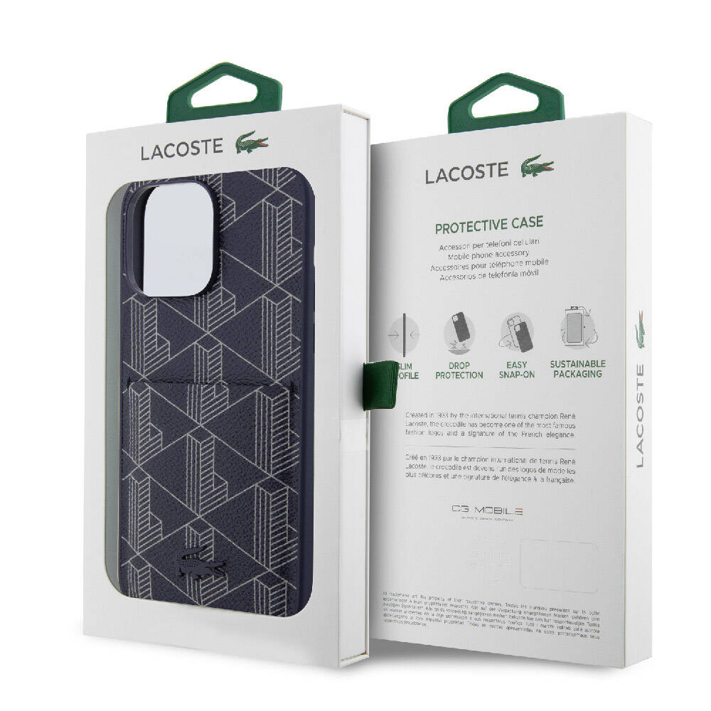 Apple iPhone 15 Pro Kılıf Lacoste Orjinal Lisanslı M-safe Şarj Özellikli PU Deri Görünümlü Kartlıklı Karışık Monogram Desenli Kapak Lacivert